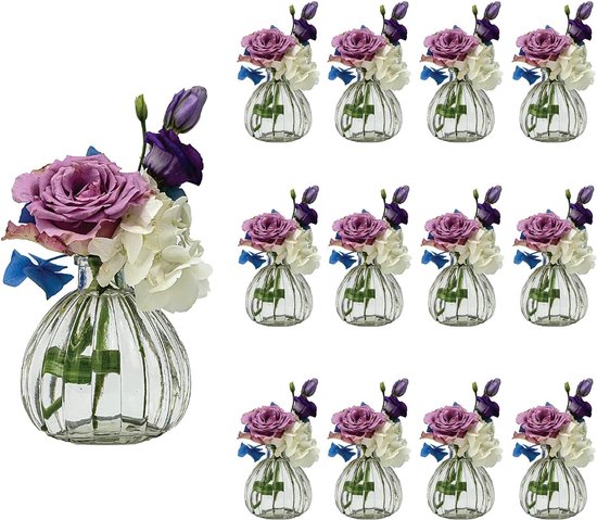 12 x petits vases à fleurs, vase de table, décoration de party de mariage, bouteille en verre transparent (12 pièces Prime)