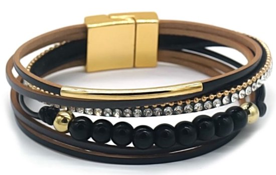 Bracelet Femme - 4 Bandes Cuir - Perles - 19 cm - Zwart