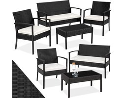 tectake® - Tuinset 4 persoons - 2 Tuinstoelen - Tuintafel - Tuinbank - Wicker - Zwart - Geschikt voor tuin, balkon, terras, lounge of serre - Weer- en UV-bestendig