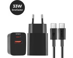Snellader voor Samsung 33W - Oplader Universele USB A & USB C Poort - Geschikt voor Samsung, Huawei, Oppo, iPhone 15 & MacBooks - Inclusief 1m USB-C - USB C Kabel - Premium Zwart
