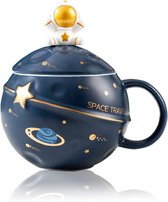 Astronaut Cup Space Reliëf Planeet Mok, Leuke Keramische Koffiemok, Nieuwe Mok met Deksel en Lepel voor Koffie, Thee, Melk, Esthetische Kamerdecoratie Grappig Cadeau Verjaardag voor Meisje