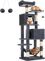 Krabpaal, 155 cm hoog, kattenboom met 5 krabzuilen, 2 platforms, 2 kattenholletjes, hangmat, 2 pluche ballen, pluche, design met meerdere verdiepingen, rookgrijs