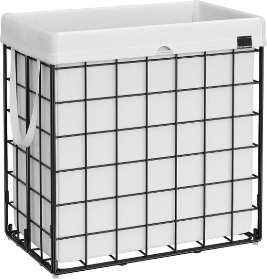 Wasmand 110 L, Opvouwbare Wasverzamelaar, Verwijderbare En Wasbare Waszak, Metalen Draadframe, Voor Slaapkamer, Badkamer, Wasruimte, Zwart-Wit