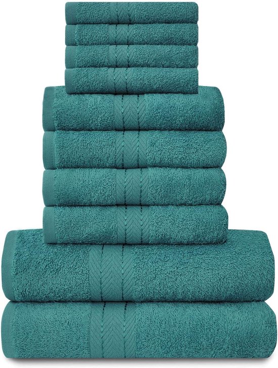 handdoeken, 10-delige set, 100% Egyptisch katoen, 4 x gezicht, 4 x hand, 2 x badhanddoek, premium kwaliteit, zeer waterabsorberende badkameraccessoires, machinewasbaar, blauwgroen,