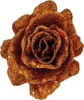 1x stuks decoratie bloemen roos koper glitter op clip 10 cm - Decoratiebloemen/kerstboomversiering/kerstversiering
