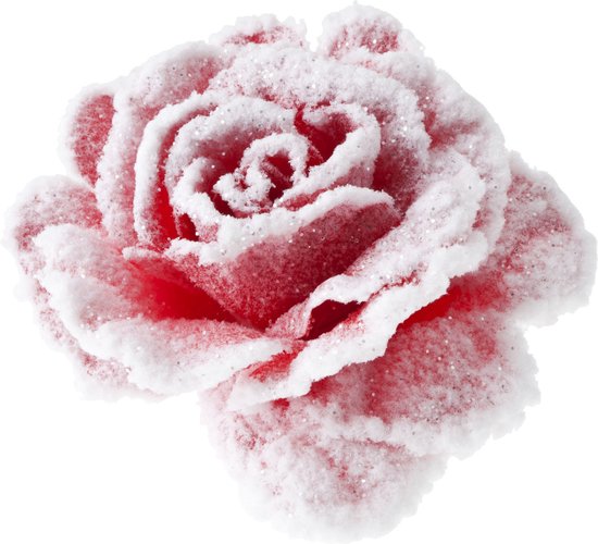 1x stuks decoratie bloemen roos roze met sneeuw op clip 15 cm - Decoratiebloemen/kerstboomversiering