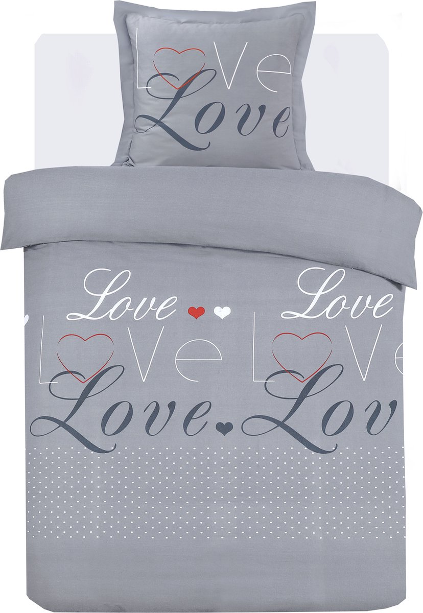 VISION Love Dekbedovertrekset - 100% katoen: zacht en soepel - Eenpersoons - Dekbedovertrek 140 x 200 cm met 1 bijhorende sloop - Grijs - Oekotex gecertificeerd