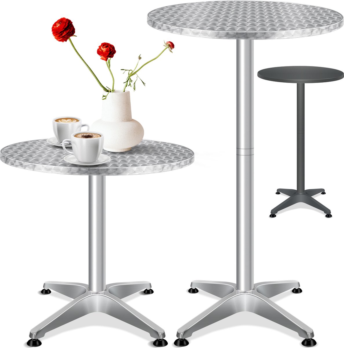 KESSER® bartafel bistrotafel 2in1 aluminium roestvrij stalen blad | in hoogte verstelbaar | 70cm / 115cm | partytafel tafel Ø 60cm | binnen & buiten | bruiloft | receptietafel | 4 poten - Zilver