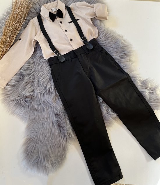 luxe vierdelige katoenen set-4 delig kinderpak- effen beige overhemd, verstelbare bretels en vlinderdas- kostuumbroek (zwart), feestoutfit-bruiloft-fotoshoot-verjaardag- 6 jaar