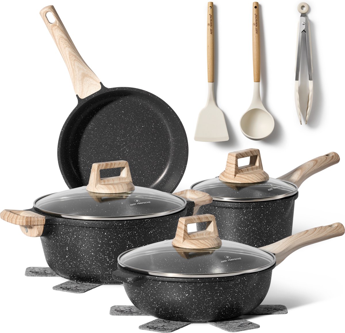 Just Perfecto 8 Delige Pannenset Inductie - Pannenset Met Deksel Voor Alle Waarmtebronnen - Braadpan 24 cm - Koekenpan 24 cm - Wokpan 24 cm - Steelpan 16 cm - Glazen Deksel - Anti-Aanbak Kookpannenset