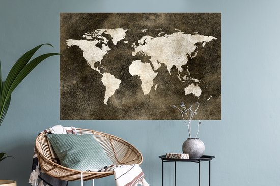 Sticker Muursticker Cartes du monde du Wereldkaart avec motif texturé dans les tons marron - 90x60 cm - Film adhésif autocollant - Sticker mural repositionnable