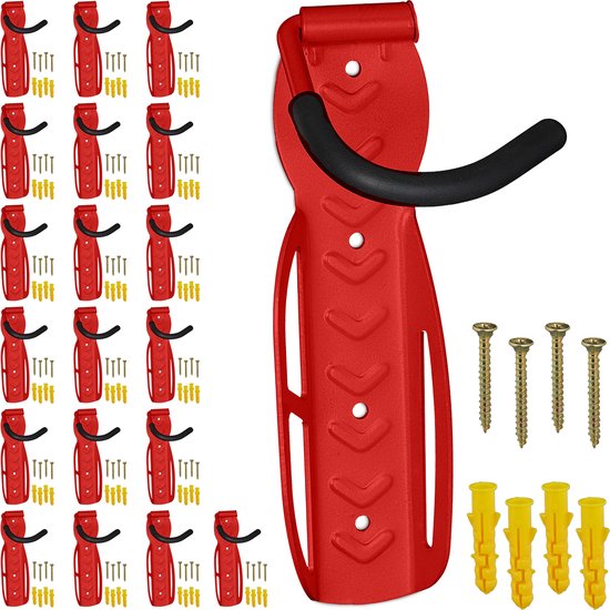 Relaxdays bicycle wall bracket, bicycle suspension system for 2 bikes, foldable, up to 30 kg, 28x47.5x51 cm, steel, red/black