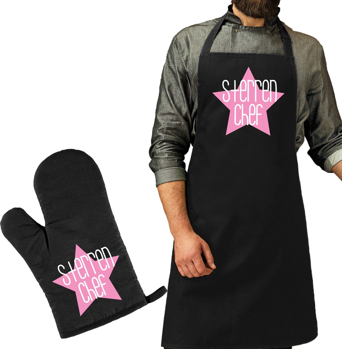 Bellatio Decorations Cadeau schort en ovenwant voor heren - sterren chef - roze - verjaardag