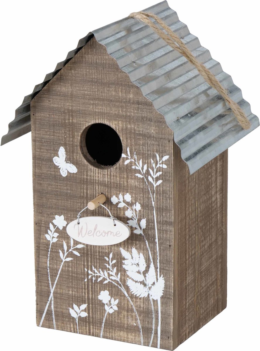 Vogelhuisje/nestkastjes Welcome bruin hout 22 cm - Vogelhuisjes tuindecoraties
