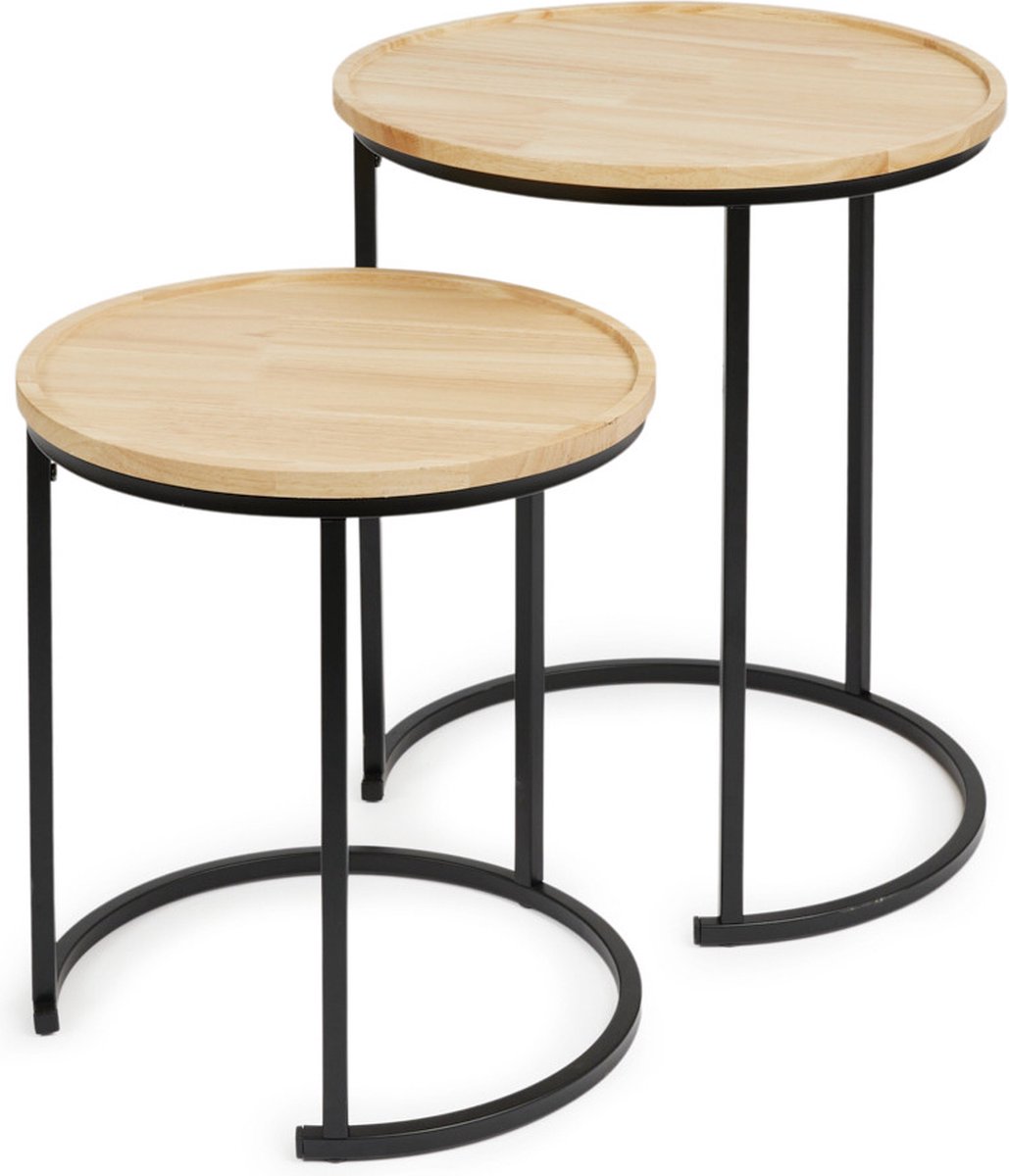 Lifa Living Moderne Bijzettafels - Set van 2 - Zwart en Naturel Koffietafels - Rond - Hout en Metalen Salontafels voor Woonkamer, Slaapkamer en Kantoor - ⌀ 34 x 40 en ⌀ 40 x 50 cm