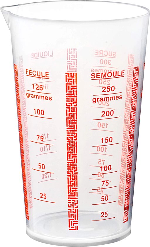 Verre mesureur transparent avec graduations rouges pour farine et sucre, jusqu'à 125ml et 250g.