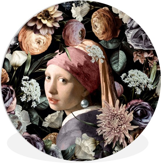 WallCircle - Wandcirkel - Muurcirkel Binnen - Meisje met de parel - Bloemen - Vermeer - Pastel - Kunstwerk - Schilderij - Oude meesters - 90x90 cm - Wanddecoratie - Ronde Schilderijen