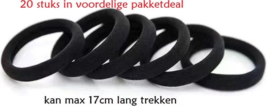 Vijf zwarte, stoffen haarelastiekjes naast elkaar, met rode tekst '20 stuks in voordelige pakketdeal' en 'kan max 17cm lang trekken'.