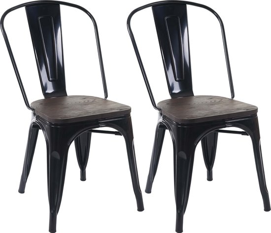 Set van 2 stoelen MCW-A73 incl. houten zitting, bistrostoel stapelstoel, metalen industrieel ontwerp stapelbaar ~ zwart