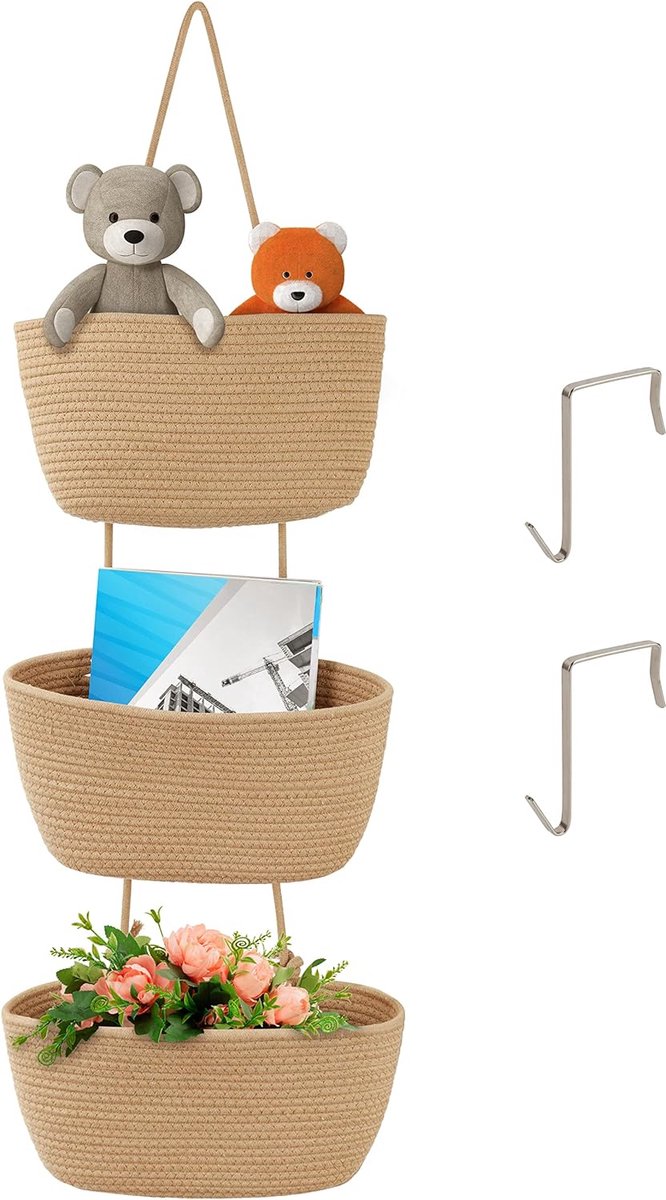 IGTOPS Hangende organizer, wandorganizer, 3-traps hangmand, hangende organizer, geweven katoenen touw, organizer, afneembare opbergmanden, wandorganizer (C