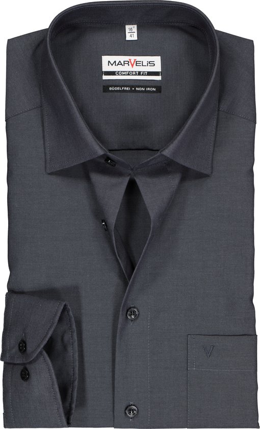 MARVELIS comfort fit overhemd - antraciet grijs - Strijkvrij - Boordmaat: