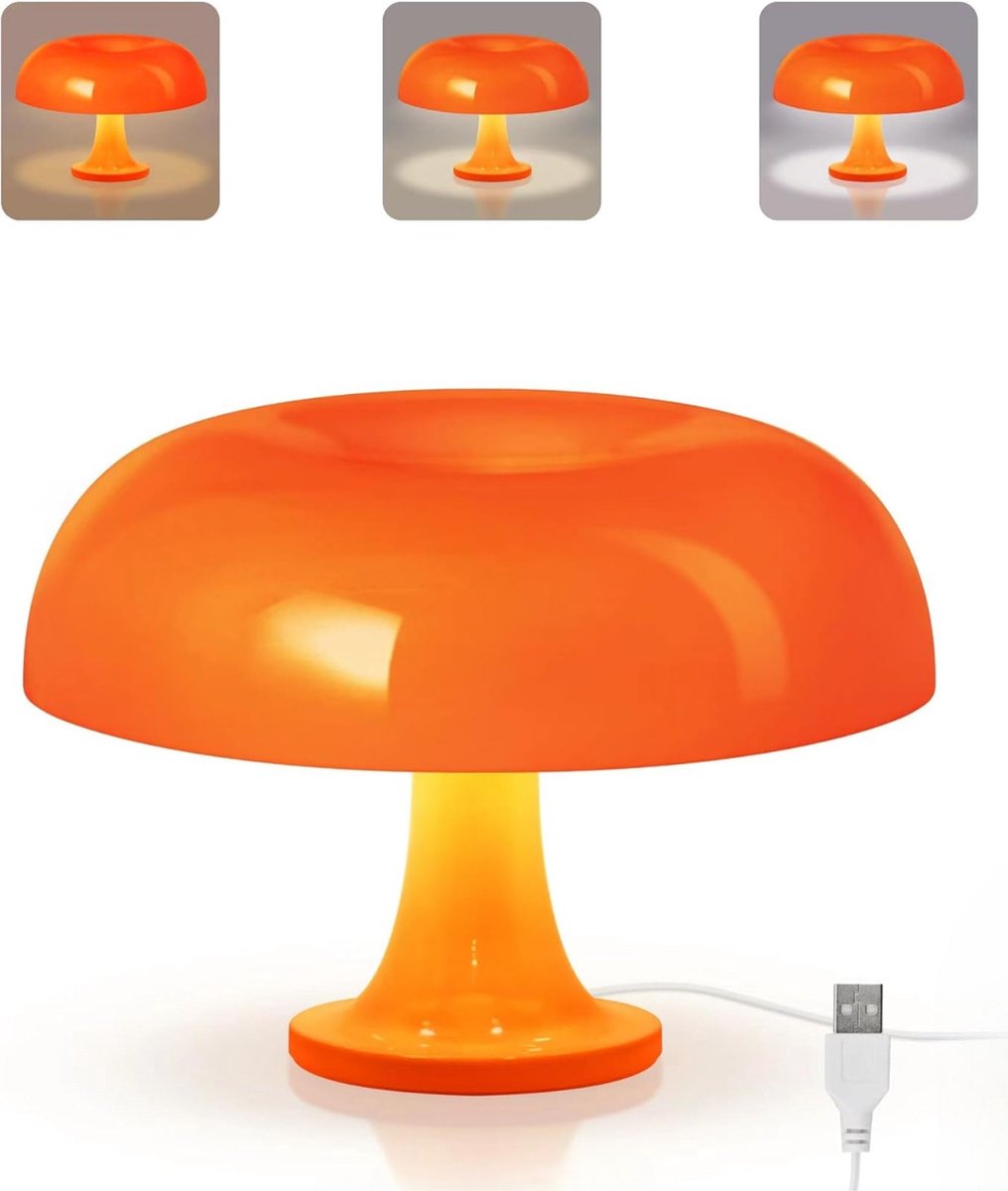 Paddestoellamp Oranje LED-tafellamp Aanraakbediening Paddestoel Glazen tafellamp Woonkamer Decoratielamp 3 standen 3000K/4000K/6000K Warm licht Bedlampje met kabel Moderne tafel LED-lamp H 28cm