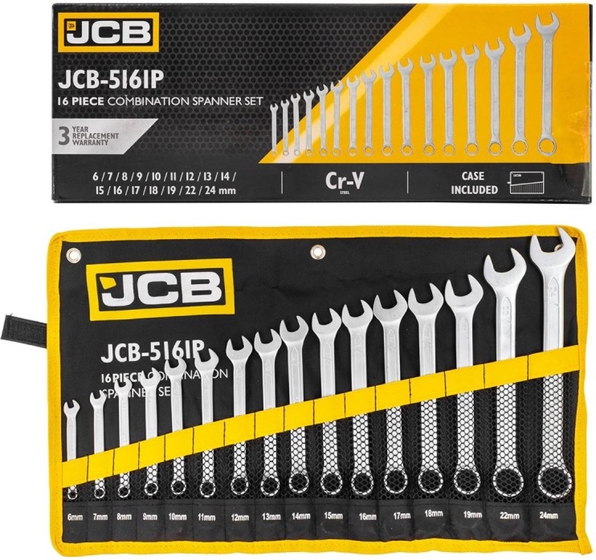 JCB - Steeksleutelset - 16-delig 6-19, 22 en 24 mm