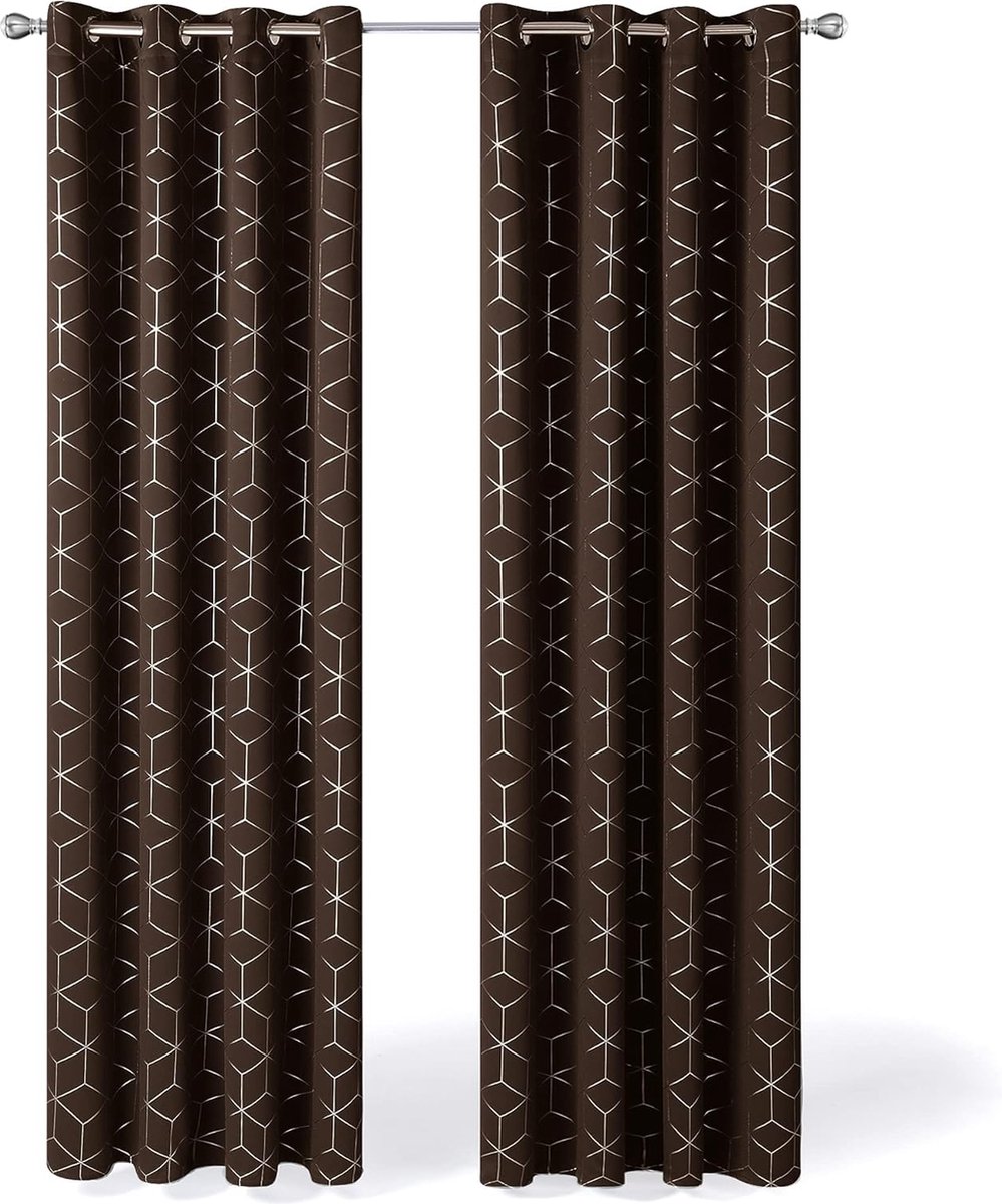 erduisteringsgordijnen met Oogjes, Geometrische Gordijnen met Warmtewerende Stof Gordijnen voor Woonkamer, 140X183 cm (B x H), Chocolade, set van 2