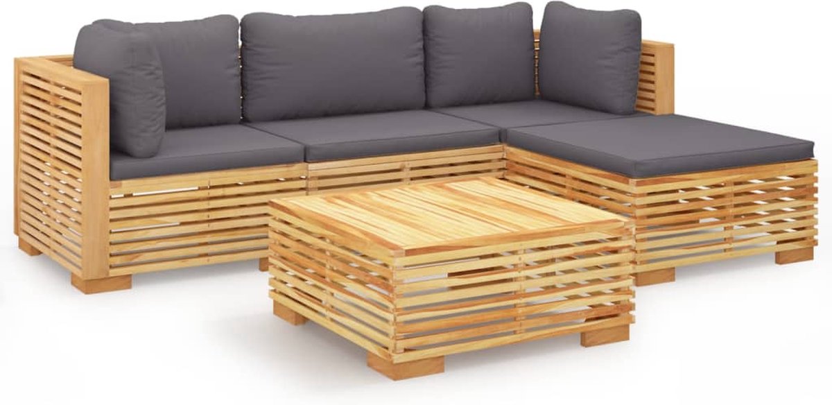 vidaXL 4-delige - Loungeset - met - kussens - massief - teakhout Donkergrijs