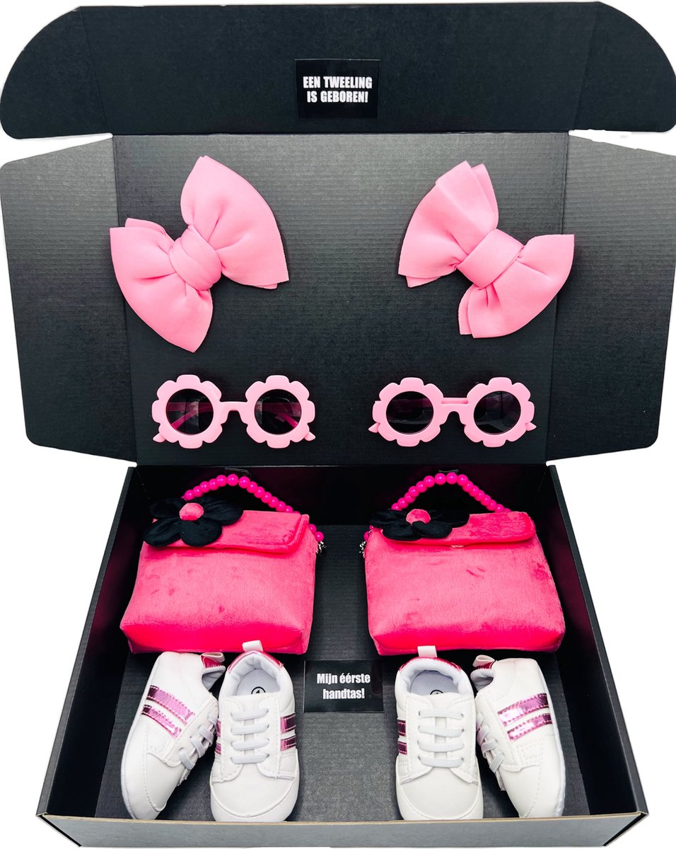 Kraamcadeau tweeling meisjes - geboortecadeau tweeling - kan ook rechtstreeks als cadeau worden verstuurd - met babysneakers, eerste handtas, twins