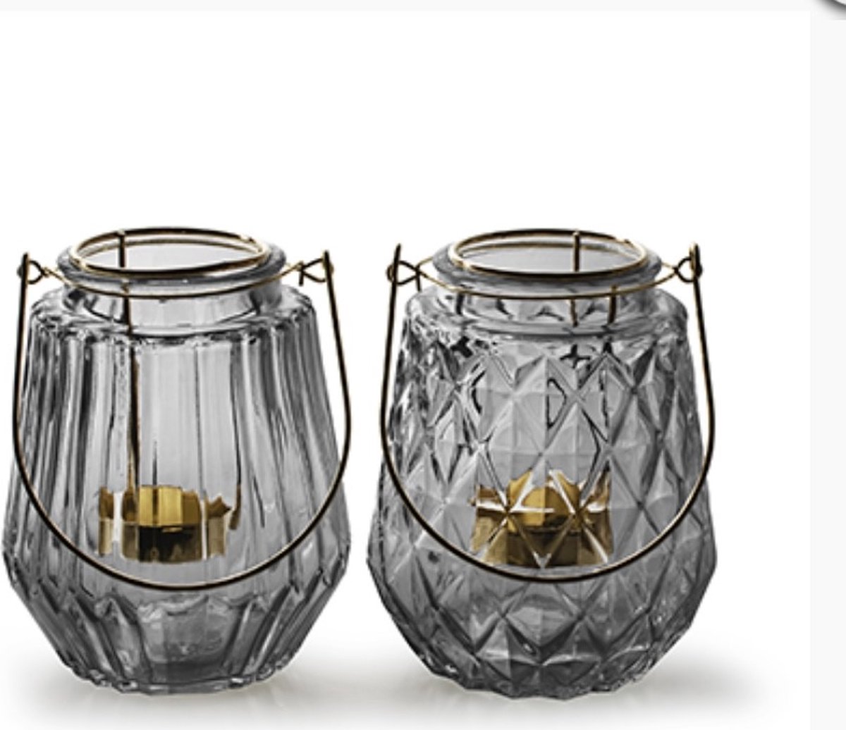 Glazen lantaarn set - set van 2- Grijs/Goud - Gouden inzet