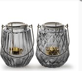 Glazen lantaarn set - set van 2- Grijs/Goud - Gouden inzet