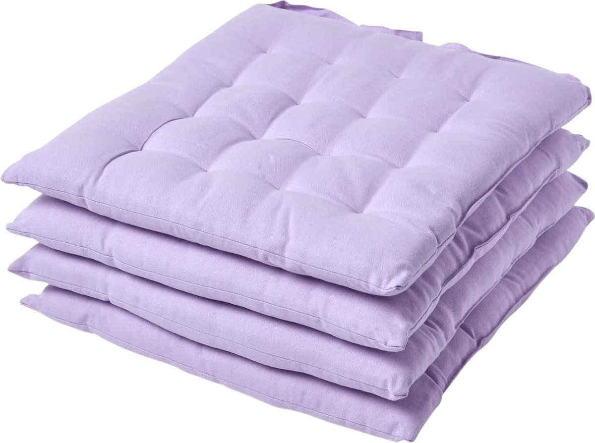 Set van 4 stoelkussens, 40 x 40 cm, lichtpaars, zitkussen met banden en knoopsluiting, eenkleurig kussen voor stoelen met overtrek van 100% katoen en zachte polyestervulling, lila
