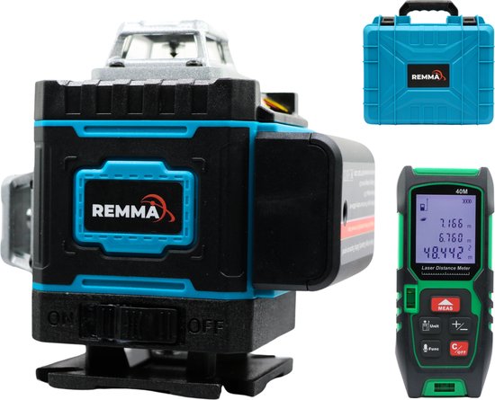 REMMA® Kruislijnlaser - met digitale afstandsmeter - Kruislijnlaser - Professionele Bouwlaser - 4D 16 lijnen Kruislijnlaser - Zelf nivellerend - 360° - Groen - Laser waterpas - Laserwaterpas - Lijnlaser - 2 accu’s - complete set - model 4D16F