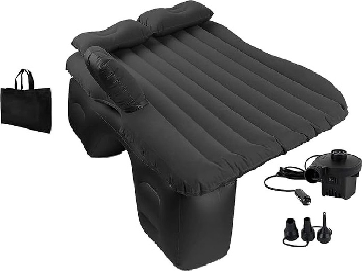 Opblaasbaar automatras enkele luchtmatras voor achterbank - 12 V elektrische luchtpomp - 3 adapters - auto-accessoires (zwart)