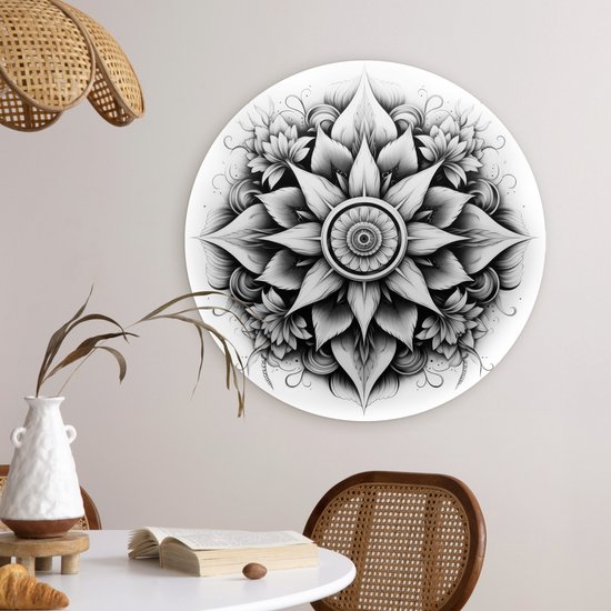 WallCircle - Cercle mural ⌀ 60 - Mandala - Zwart - Wit - Fleurs - Tableaux ronds salon - Plaque murale ronde - Cercle de Décoration murale - Décoration de chambre à l'intérieur - Cercle Décoration murale - Accessoires de maison
