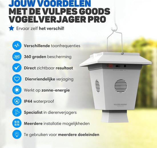Wit "Vulpes Goods Vogel Verjager Pro" apparaat hangend, met functies zoals 360 graden bescherming en zonne-energie.