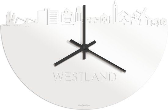 Skyline Klok Westland Wit Glanzend - Ø 40 cm - Stil uurwerk - Wanddecoratie - Meer steden beschikbaar - Woonkamer idee - Woondecoratie - City Art - Steden kunst - Cadeau voor hem - Cadeau voor haar - Jubileum - Trouwerij - Housewarming -