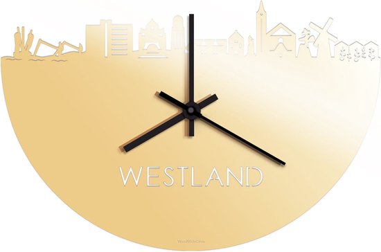 Skyline Klok Westland Goud Metallic - Ø 40 cm - Stil uurwerk - Wanddecoratie - Meer steden beschikbaar - Woonkamer idee - Woondecoratie - City Art - Steden kunst - Cadeau voor hem - Cadeau voor haar - Jubileum - Trouwerij - Housewarming -