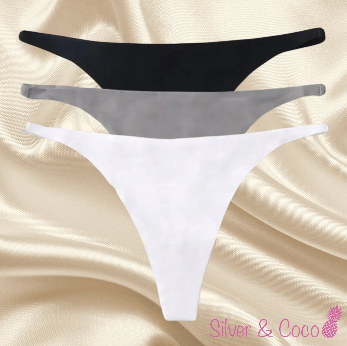 SilverAndCoco® - 3 Stuks Naadloze Strings / Seamless String Onderbroek Dames / Zacht Brazilian Slipje / Naadloos Stretch Ondergoed Vrouw / Strings Dames Lingerie Broekje Slip Black - Zwart / Grijs / Wit Small