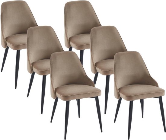 Set van 6 stoelen van velours en zwart metaal - Beige - EZRA L 53 cm x H 86 cm x D 59 cm