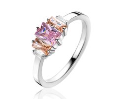 ZINZI zilveren ring, bezet met baguette geslepen zirconia's in de kleuren wit, en roze ZIR2490