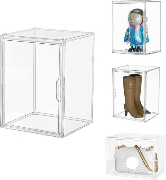 Vitrine, showbox, plexiglas box, acryl vitrine, verzamelaarsvitrine met deur, voor minifiguren, vitrine, klein, actiefiguren, speelgoed, modelauto's, verzamelfiguren (36 x 27 x 27 cm)