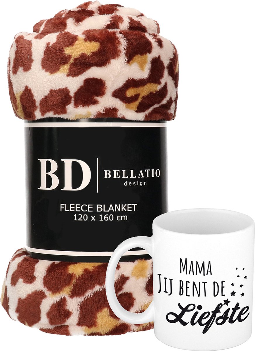 Cadeau moeder set - Fleece plaid/deken panter print met Mama jij bent de liefste mok - Mama ontspanning cadeau kerst, moederdag, verjaardag