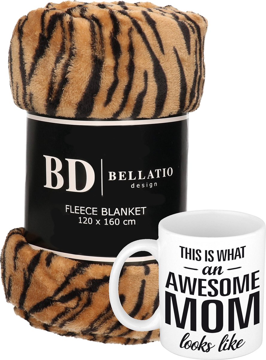 Cadeau moeder set - Fleece plaid/deken tijger print met Awesome Mom mok - Mama ontspanning cadeau kerst, moederdag, verjaardag