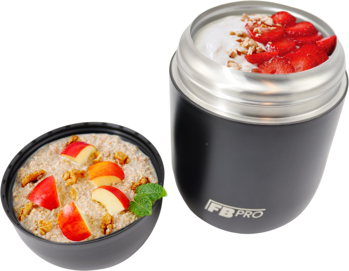 Thermos container zwart - mokken - voedselcontainer voor eten en drinken - compacte thermosbeker - lunchbox - roestvrij - ook voor soep, koffie en meer! - RVS thermoskan - lepel inbegrepen - overal meenemen voor warm eten - eten warmhouden