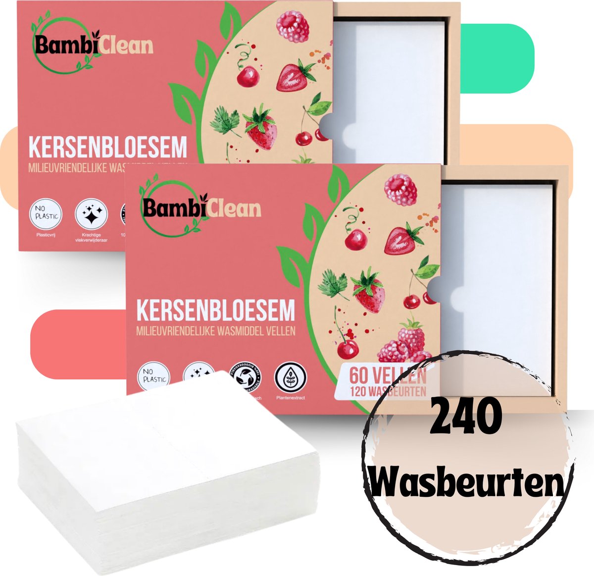 BambiClean Wasstrips Voordeelverpakking Kersenbloesem - 240 wasbeurten - Milieuvriendelijke Wasmiddeldoekjes - Wasmiddel Strips Proefpakket