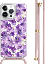 Casimoda® hoesje met rosegoud koord - Geschikt voor iPhone 13 Pro Max - Floral Violet - Afneembaar koord - TPU/polycarbonaat - Paars