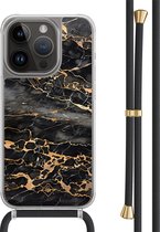 Casimoda® hoesje met zwart koord - Geschikt voor iPhone 14 Pro - Marmer Grijs Brons - Afneembaar koord - TPU/polycarbonaat - Grijs
