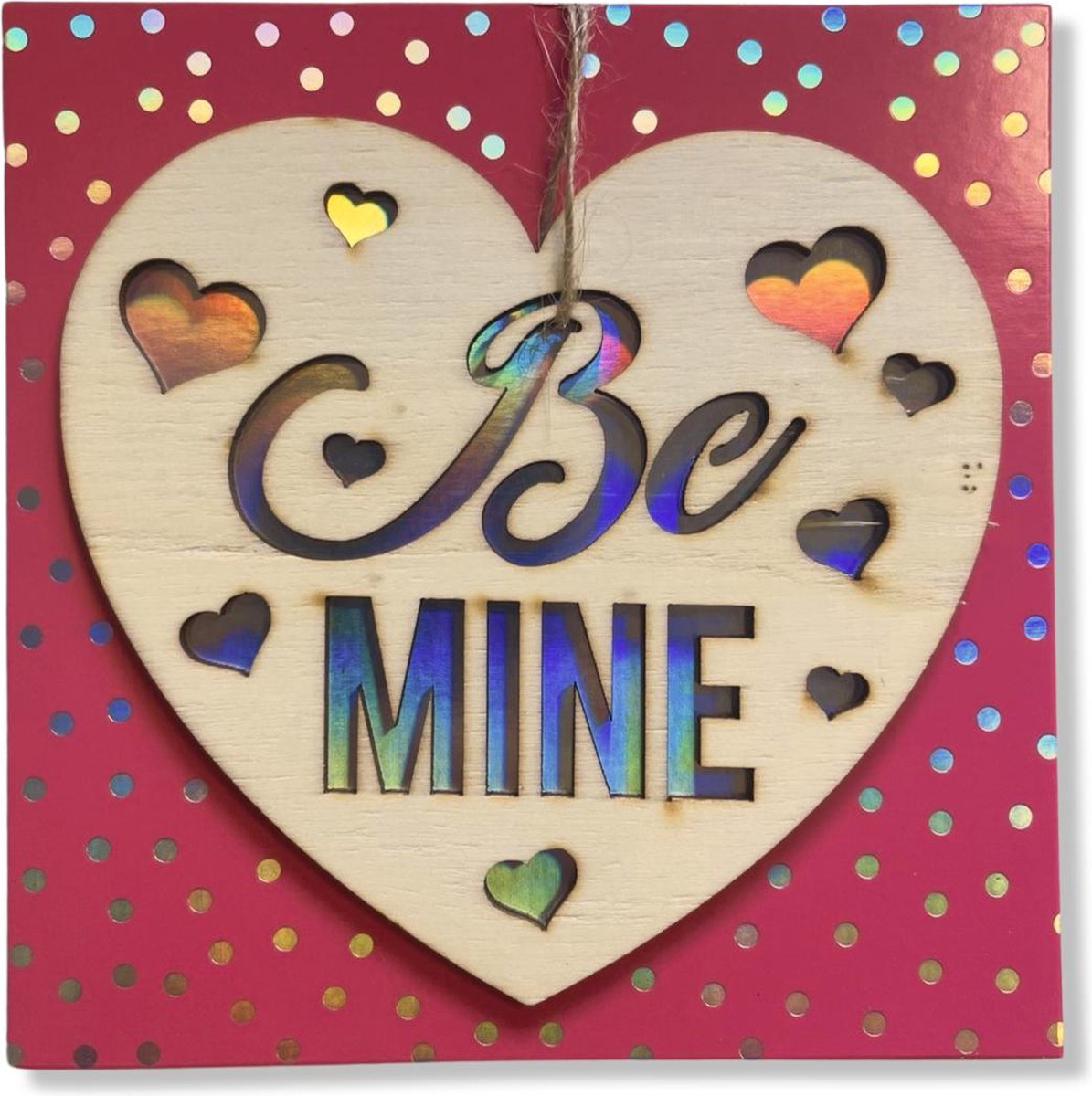Luxe Valentijn Wenskaart Met Houten Ornament - Be mine - 14x14cm